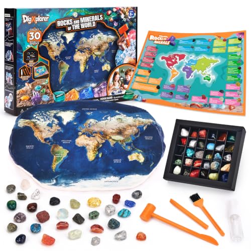 CubicFun World Map Gemstone Dig Kit for Kids 8-12, 30 Rocks & Minerals