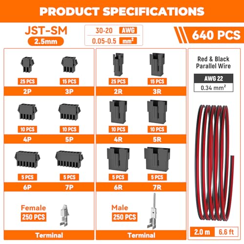 JST-SM 2.5mm Connector Kit with AWG28–17 Ratcheting Crimping Tool, 14 Sizes Wire Terminal Set for LED Strip, Car Interior Lights, RC, Motorcycle & DIY Wiring Electronics - size: JST-SM 2.5mm Kit