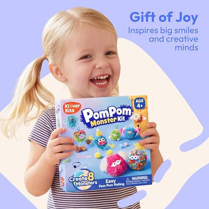 JOVA Klever Kits Pom Pom Monster Kits- DIY Plush Backpack Keychains, Pom Pom Crafts for Kids Aged 4+ Kid Felt Kits, Arts & Crafts for Boys Girls Birthday Party Gift Toy