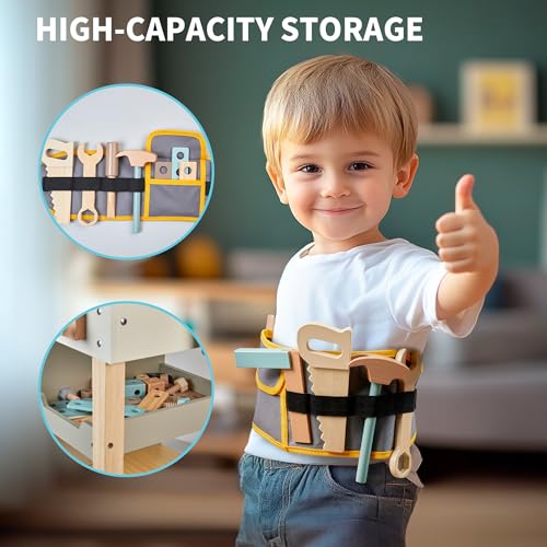 Kids Tool Set,Wooden Tools Bench with Apron Toddler Toy Workbench with Realistic Tools Electric Drill STEM Construction Toy Gifts for Age 3-9 Boys Girls - style: Wooden Tool Bench
