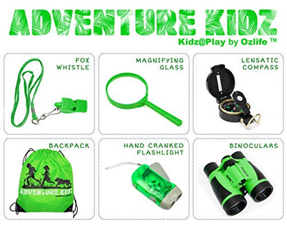 Adventure Kidz - Outdoor Exploration Kit, Binoculars with Case, Flashlight, Compass, Whistle, Magnifying Glass, Backpack, Bundle (28 Items)