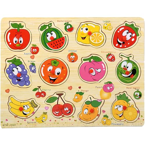 Wooden Fruit Puzzle for Toddlers 3+ Years, Educational Fruit Shape Learning Toy with Board & Blocks, Fun & Engaging Preschool Activity for Boys and Girls - style: Fruits