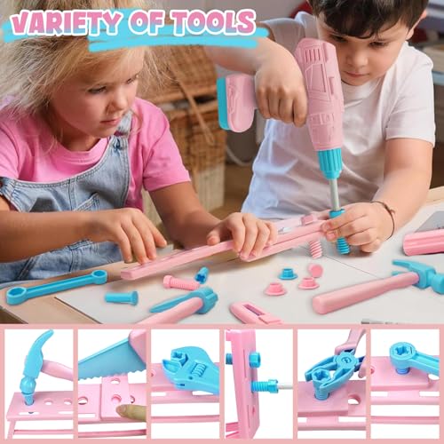 Kids Tool Set Kids Tool Box Kit Construction Toys - color: Pink