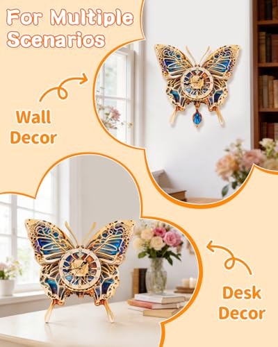 3D Wooden Puzzles for Adults Butterfly Design Clock Model Kit with Pendulum