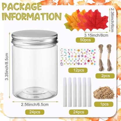 113 Pcs 24 Sets Thanksgiving Craft Kits DIY Plastic Mason Jar Maple Leaf Table Centerpieces Thanksgiving Fall Table Decor Autumn Classroom Activities with Stickers Rope Glue Raffia Grass - style: Maple Leaf