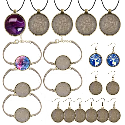 J6QIHANG Pendant Trays Set with Glass Cabochons for Jewelry Making - color: 3-Round Bronze