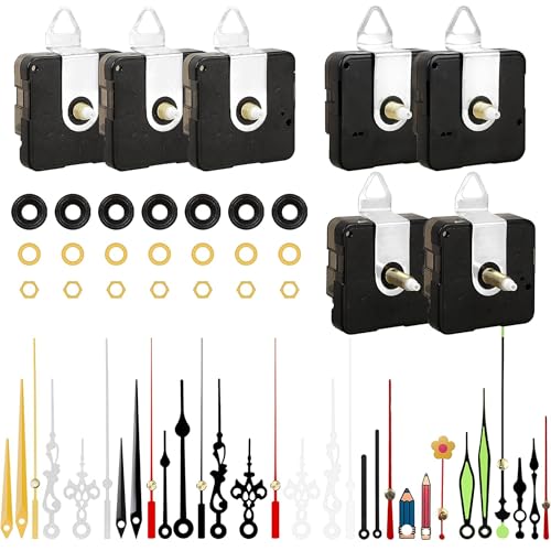 7pcs High Torque Quartz Clock Movement Mechanism Replacement Clock Kit with 10 Different Pairs of Hands Clock for DIY Handicrafts Repair Clock Parts Shaft Lengths 12mm 15.5mm 21.5mm