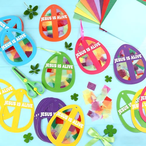 Qyeahkj 36 Set Easter Eggs Suncatchers Crafts for DIY Jesus is Alive Cross Window Tissue Paper Craft Kit Religion Hanging Decor for Church Home Activity Art Project Party Favor Gift - style: Jesus is Alive