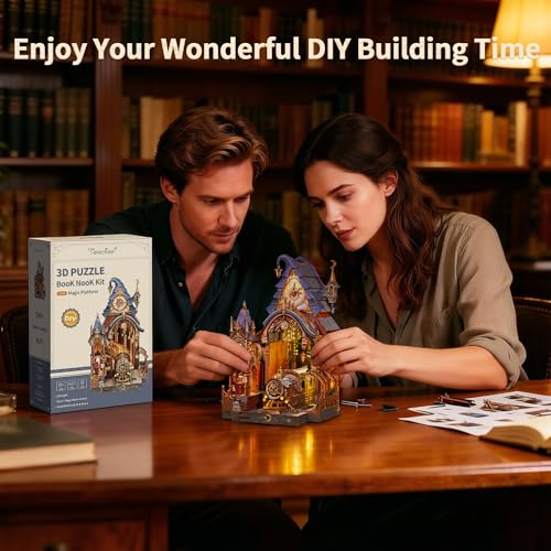 Tonecheer Book Nook Kit - Magic Platform, 3D Wooden Puzzle for Adults, Magical DIY Miniature Building Kit with LED Lights, Endless Mirror Effect Decorative Bookend Craft for Home Shelf Decor Gift