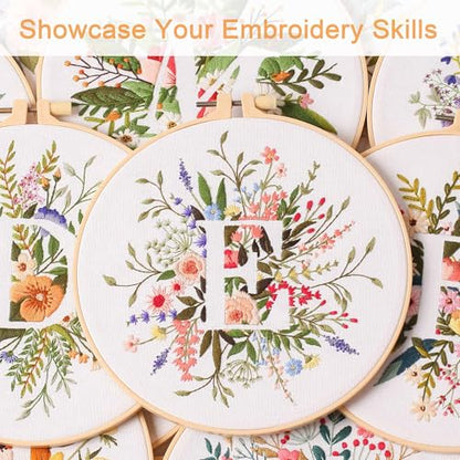 Harimau Letter E Pattern Embroidery Kit for Adult Beginners, Complete Starter Pack with 1 Hoop, Needles, Instruction Guide & Embroidery Stitch Video Tutorials - color: White E