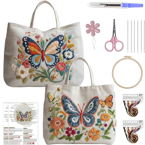 ARTopet 2Pcs Embroidery Tote Bag Kit for Beginners Butterfly Canvas Cross Stitch Handbag with Hoops Needles Threads Reusable Grocery Bag for Women-01 - color: 2Pcs-01