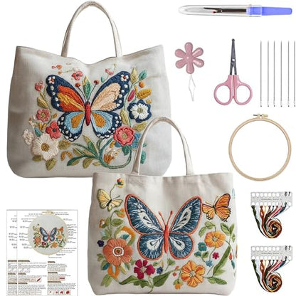 ARTopet 2Pcs Embroidery Tote Bag Kit for Beginners Butterfly Canvas Cross Stitch Handbag with Hoops Needles Threads Reusable Grocery Bag for Women-01 - color: 2Pcs-01