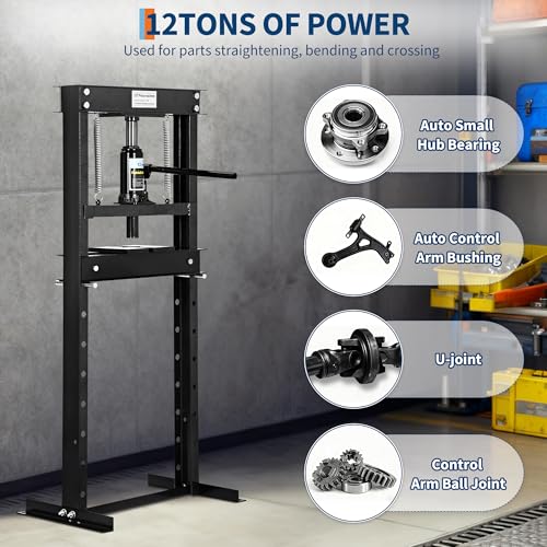 12 Ton h Frame Hydraulic Shop Press, Heavy Duty Garage Floor Press with Adjustable Height, Built in Relief Valve, Professional Grade Car Repair Tool for Bending Straightening Bearings u Joints,Black - size: 12 Ton