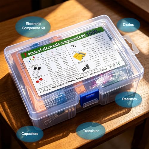 1500 Pieces of 7-Value Electronic Component Kit, Transistor Ceramic Capacitors, Electrolytic Capacitors, Resistors, and Diodes Electronic Component Kit