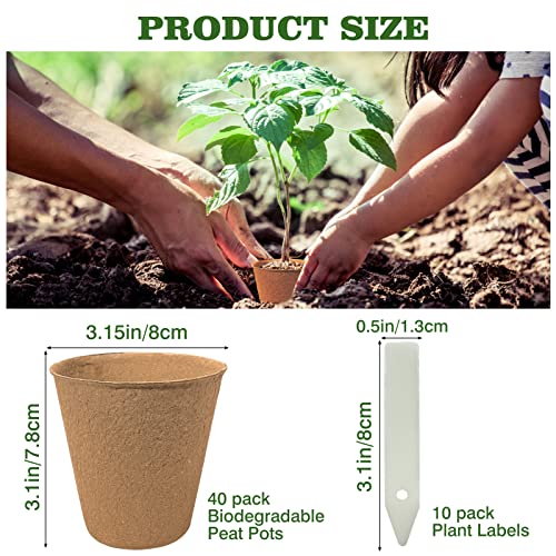 INCIKITI 40Pcs 3.15 Inch Peat Pots, Biodegradable Eco-Friendly Round Plant Seedling Starters Kit, Seed Germination Trays with 10 Labels for Flower Vegetable Tomato Saplings & Herb Germination, Khaki - size: 40 Pack