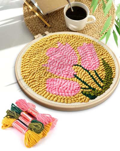 TINDTOP Punch Needle Embroidery Kits, Tulip Punch Needle Kits for Adults Beginner, Tool with Punch Needle Fabric, Hoops, Yarns and Sewing Needles - color: Pink Tulip