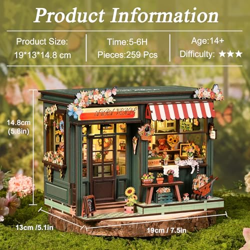 DIY Miniature House Kit for Adults & Teens, Flower Shop Scene Mini House Decor with Touch Switch Light, 3D Wooden Puzzle Gift for Book Lovers & DIY Fans (Aura Verde) - style: Aura Verde
