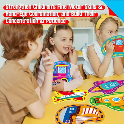 SpriteGru 9 Pieces Kids Lacing Cards, Double Sided Vehicle Sewing Cards with 9 Colorful Laces, Imagination Development Lacing Toys Games for Children Educational and Learning Activity - color: Vehicle-B