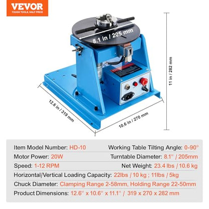 VEVOR Rotary Welding Positioner 10KG, 1-12 RPM 20W, Adjustable 0-90° Turntable with 8.1 Inch 3-Jaw Chuck, Compact Welder Machine for Precision Cutting, Grinding, Assembly, and Testing