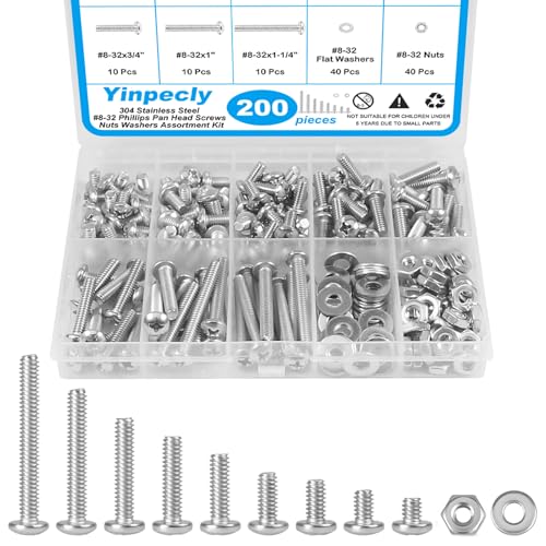 200pcs #8-32 Phillips Pan Head Machine Screws Nuts Washers Kit - size: #8-32