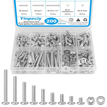 200pcs #8-32 Phillips Pan Head Machine Screws Nuts Washers Kit - size: #8-32