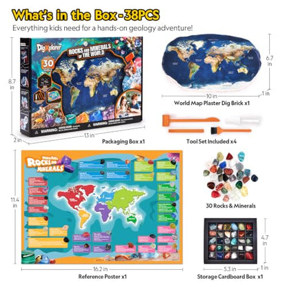 CubicFun World Map Gemstone Dig Kit for Kids 8-12, 30 Rocks & Minerals