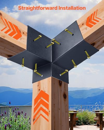 VEVOR Pergola Kit, 4x4 Inch 3-Way Slanted Brackets for 3.5x3.5 Inch Wood Beams in Actual Size, 2-Pack Pergola Brackets with 2 Post Bases and 2 Wall Mount Bases, for Outdoor Pergolas, Gazebos, Sheds - size: 2PC 15°3-Way+4PC Base Post 4*4 SET