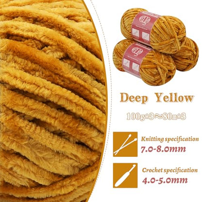 LUNARM Chenille Yarn 3 Pack 3.5oz Chunky Blanket Velvet Yarn 263 Yard - color: Deep Yellow