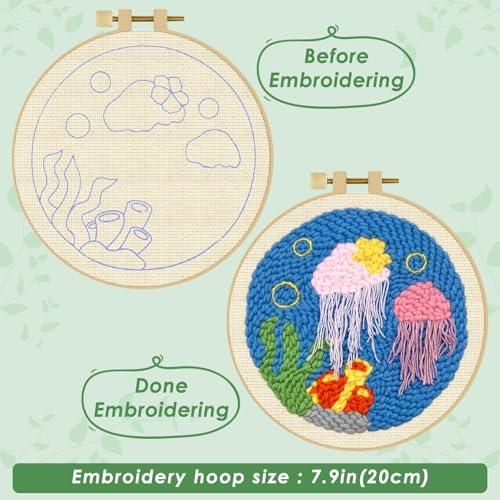 ERKOON Punch Needle Kit Adults Beginners, DIY Easy Ocean Embroidery Set for Starter Art Craft, Needling Punch Project with Patterns, Tools, Yarns, Hoop, Instruction (Jellyfish) - color: Jellyfish
