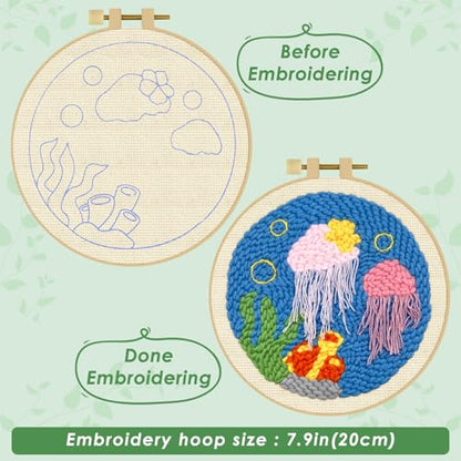 ERKOON Punch Needle Kit Adults Beginners, DIY Easy Ocean Embroidery Set for Starter Art Craft, Needling Punch Project with Patterns, Tools, Yarns, Hoop, Instruction (Jellyfish) - color: Jellyfish