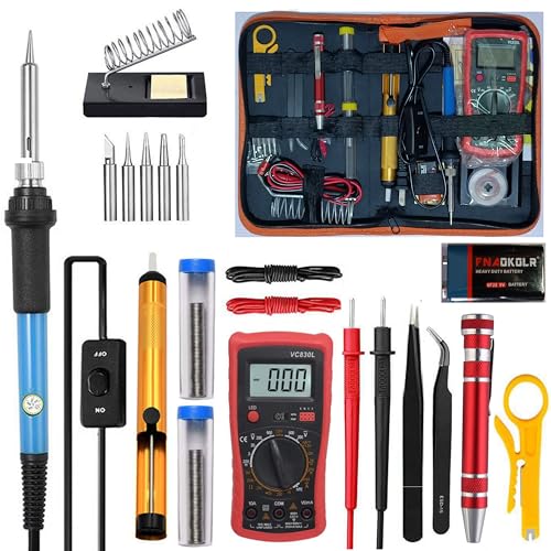 Soldering Iron Kit with Digital Multimeter, 60W Adjustable Temperature Electric Soldering Iron, Electronics Repair Tool Kit for Circuit Board, Jewelry, DIY Hobby, Portable Tool Bag (Red) - color: Red
