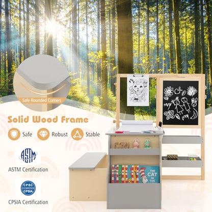 HONEY JOY Kids Art Easel, 6-in-1 Wooden Double-Sided Toddler Table & Chair Set w/Adjustable Magnetic White Board & Chalkboard, Paper Roll, Bookshelf, Storage, Kids Art Table and Chair (Gray) - style: Gray