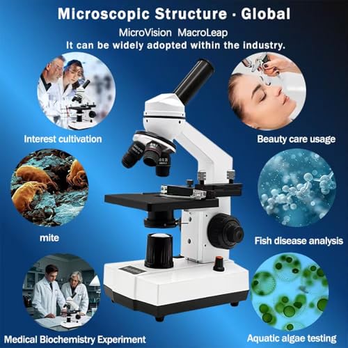 Microscope for Adults Kids Students, High-Power Biological Compound Microscope Kit, Metal-Body, with Movable Calipers, Abbe Condenser, for School Lab & Home Schooling, with Slides Set & Phone Adapter