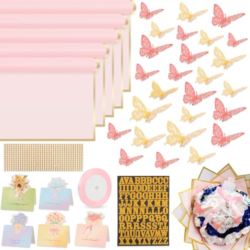 52Pcs Flower Bouquet Wrapping Paper Accessories Kit, 20 Sheets Pink Waterproof Floral Wrapping Paper, 12 Gold 12 Pink Butterflies, 5 Cards, 1 Ribbon, 1 Letter 1 Rhinestone Sticker (Gold Edge) - color: Pink (Gold Edge)