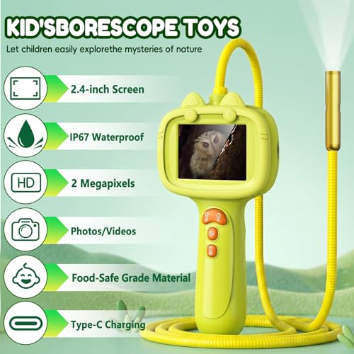 Kids Borescope Camera with Light-STEM Science Educational Toy for 3 4 5 6 7 8 Years Old Boys & Girls Birthday Gift-Discovery & Exploration Flexible Snake Scope Battery - color: Frog