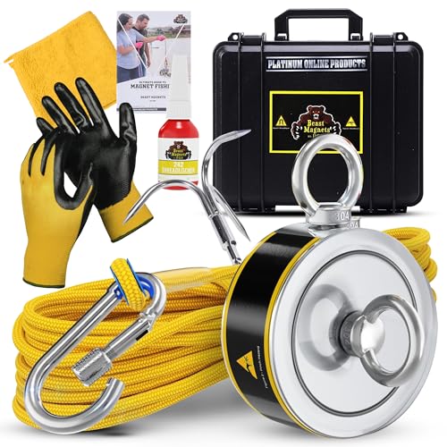 1320LB’s Complete Magnet Fishing Kit | Double Sided Fishing Magnet Kit with Case | Includes Strong Neodymium N52 Magnets, Durable 65ft Rope, Carabiner, Gloves, Grappling Hook & Carry Case - size: 1320 LB Double Sided Magnet Kit