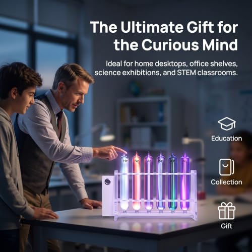 Rare Gas Glow Demonstration Set, 6 Noble Gases (he, Ne, Ar, Kr,xe,n2), with Motorized Stand,for Physics Spectroscopy Education, Desktop Collection & Science Ornament
