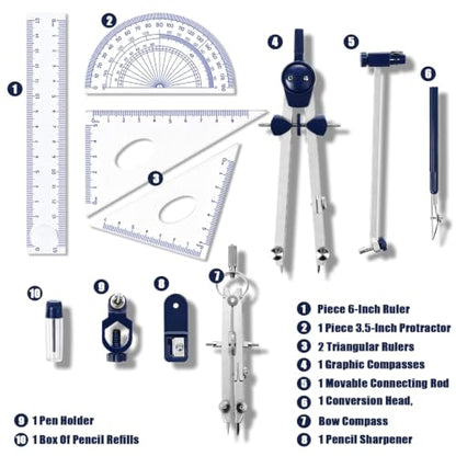13 Pcs Compass and Protractors Set Math Compass Geometry Tool with Case - color: Light Blue
