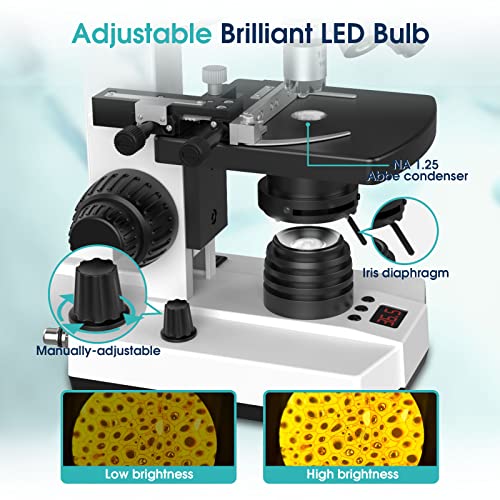 Lab Compound Monocular Microscopes with Constant Temperature,Dual-View Microscope for Adults Students with 40X-2500X Magnification, WF10X/25X Eyepiece, 7'' LCD Screen, Built in 5MP Camera