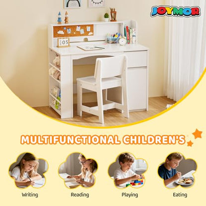 JOYMOR Kids Desk and Chair Set with Bookshelf, Kids Study Desk with Chair with Storage Cabinet, Student Writing Table for Study & Crafts, Student Computer Workstation for 5-12 Years Old, White