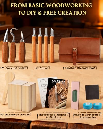 Wood Carving Kit Whittling Kit: Wood Carving Knife Tools with Leather Case - color: Brown(Lite Version)