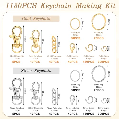 1130PCS Keychain Making Kit Jump Rings for Jewelry DIY Supplies Gold/Silver - color: Gold and Silver