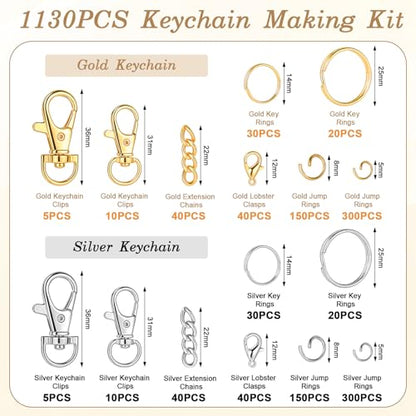 1130PCS Keychain Making Kit Jump Rings for Jewelry DIY Supplies Gold/Silver - color: Gold and Silver
