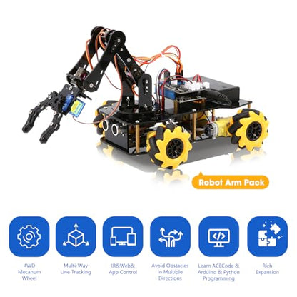 ACEBOTT 5DOF Smart Robot Arm Car Kit, 4WD Remote Control Car Compatible with Arduino/Python/Blockly Programming Project/STEM Education/Science Coding Kit for 12+ Teens and Adults Unique Gifts