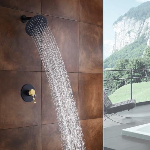 SUMERAIN Shower Faucet Set Black and Gold, 8" Stainless Steel Rain Shower - color: Black and Gold, size: Solid Brass Valve
