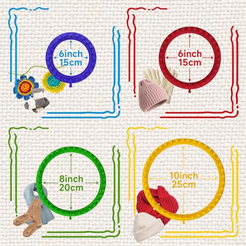 Cesilili Beginner Knitting Loom Set (4/6/8/10in) with 4 Pompom Makers