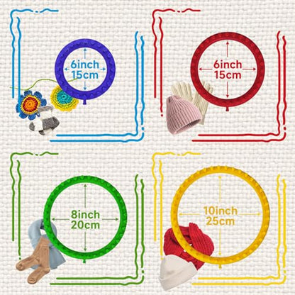 Cesilili Beginner Knitting Loom Set (4/6/8/10in) with 4 Pompom Makers