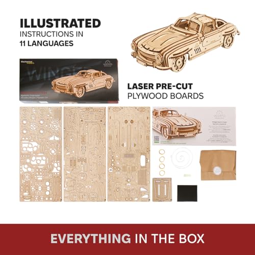 UGEARS Winged Sports Coupe Model Car Kit - 3D Wooden Puzzle for Adults – Model Kit for Adults to Build - DIY Wooden Car with Authentic Gull-Wing Design, 3D Puzzle