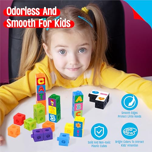 100 Math Linking Cubes, Math Cubes with 384 Reusable Stickers-Letters, Numbers, Shapes, Manipulative Geometric Connecting and Counting Blocks, Educational Toy for Kids Math Learning and Fun Activities - style: 100-Cubes+ 384 Letters Stickers
