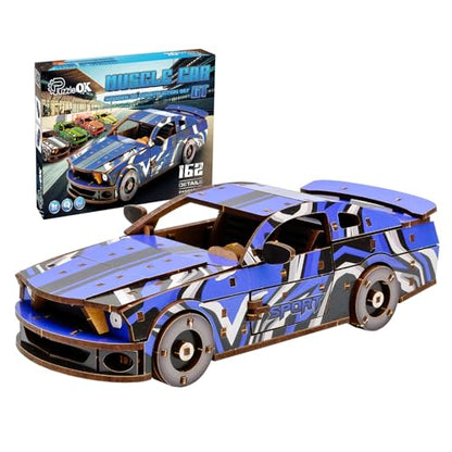 3D Wooden Puzzles – Blue Car Model Building Kits Adult - Adult DIY Building Sets – Gifts 3D Wooden Puzzles for Adults – 15+ Years Wood Building Kits - Creative Assembly for Adults - color: Blue